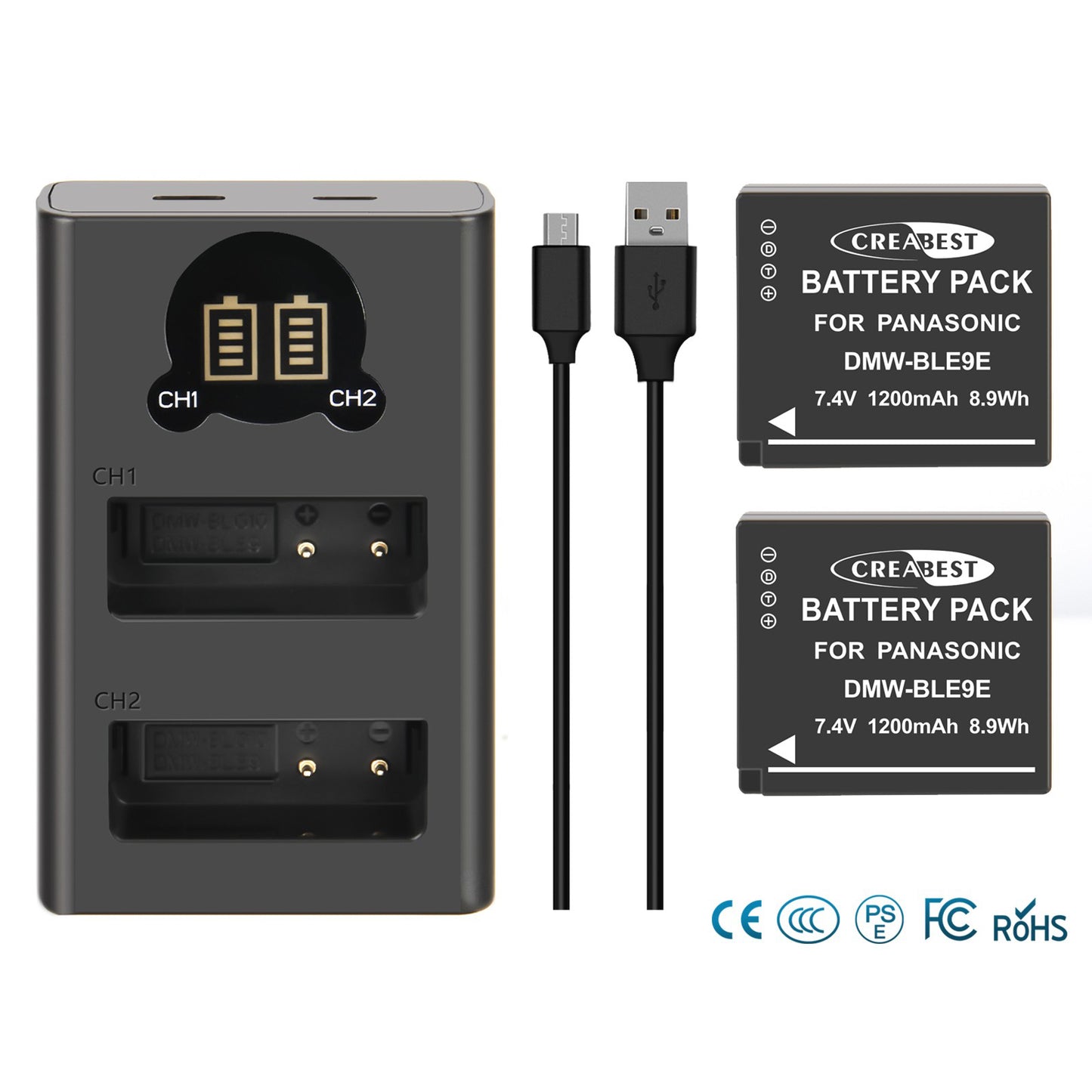 2 Pezzi Caricabatterie Per Batteria DMW-BLE9E Per Panasonic Lumix GF5 GX7 DMC- GF3 DC-G110 GX85
