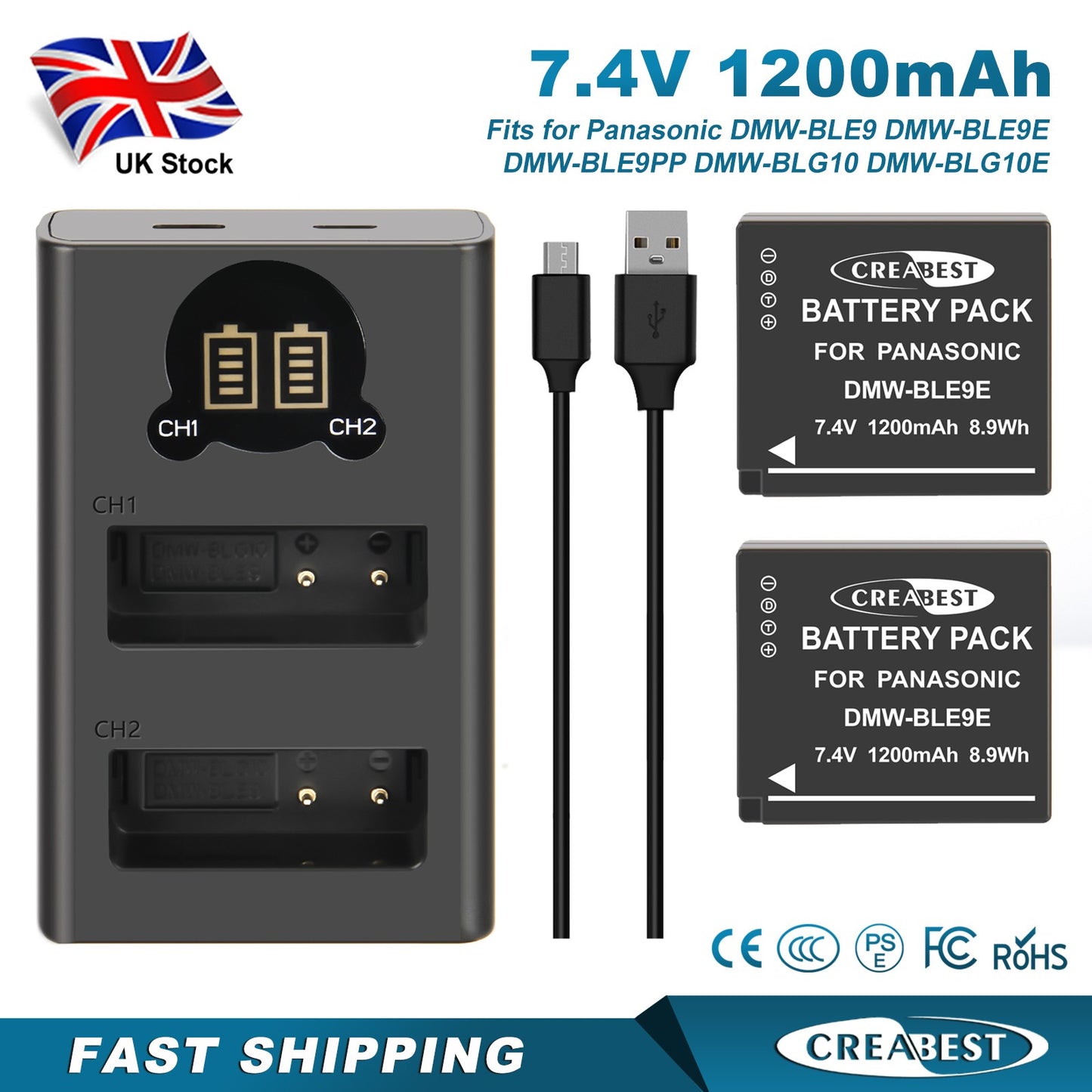 2 Pezzi Caricabatterie Per Batteria DMW-BLE9E Per Panasonic Lumix GF5 GX7 DMC- GF3 DC-G110 GX85