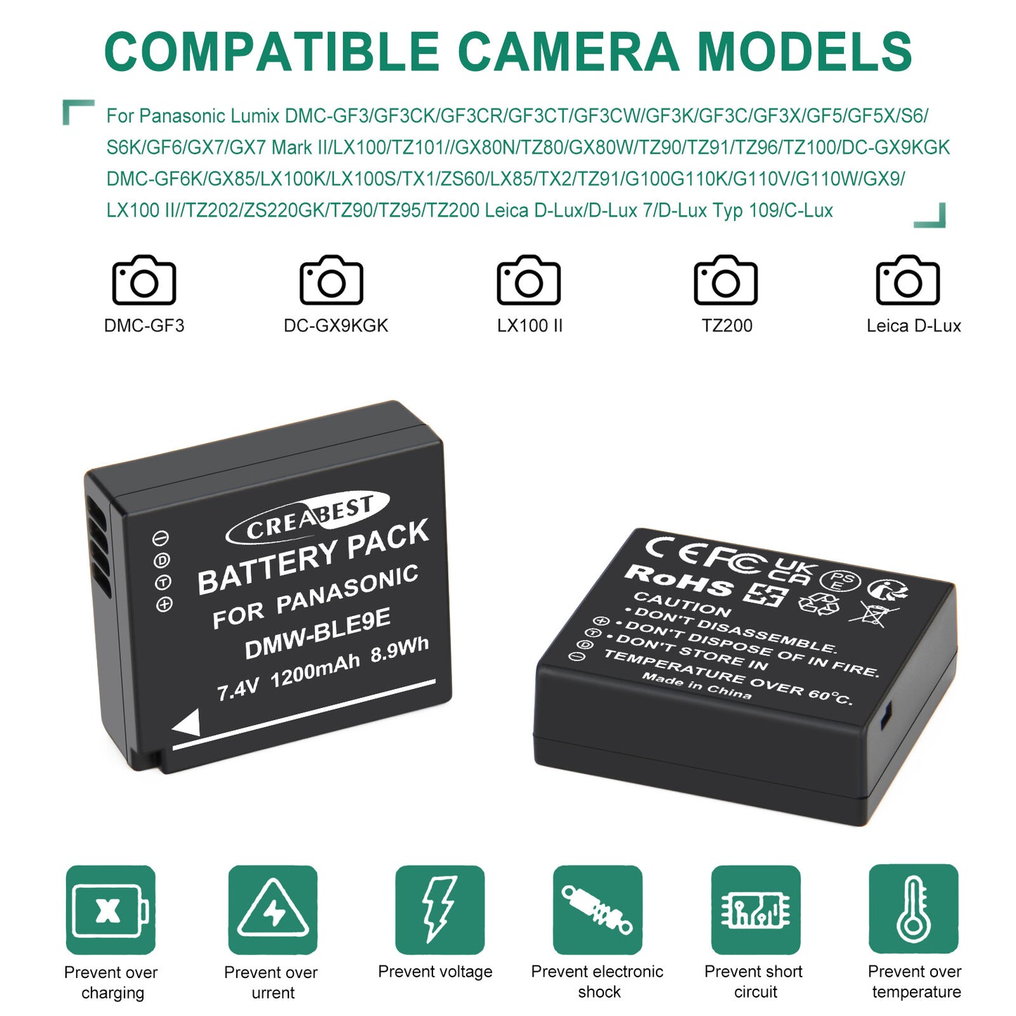 2 Pezzi Caricabatterie Per Batteria DMW-BLE9E Per Panasonic Lumix GF5 GX7 DMC- GF3 DC-G110 GX85