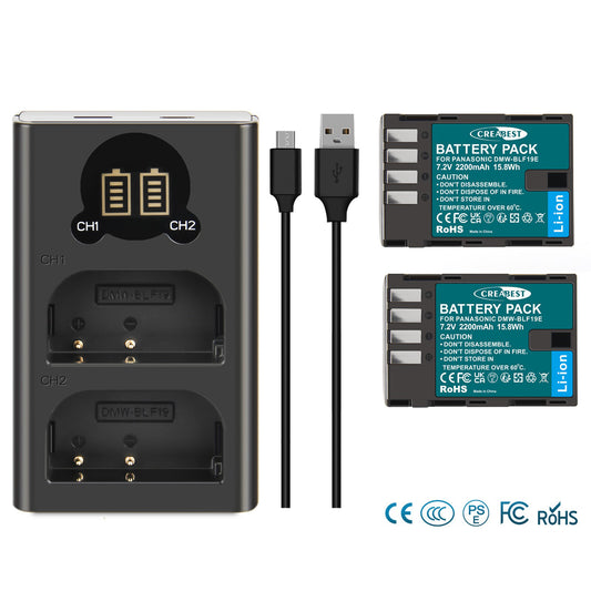 2x Batteria DMW-BLF19 e caricabatterie LCD per Panasonic Lumix GH3 GH4 GH5 GH5M2 GH5S G9