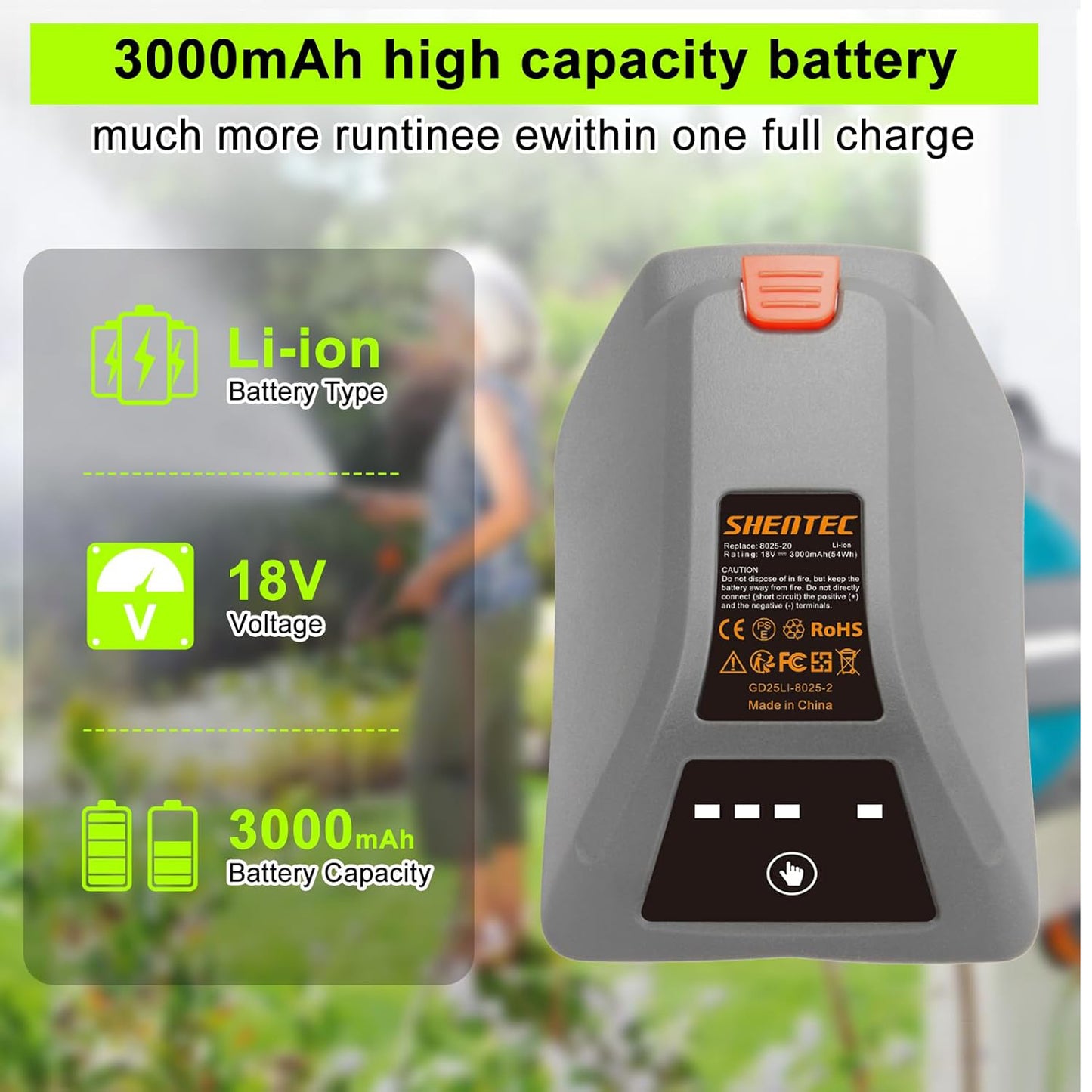 SHENTEC Batteria di ricambio 18V per Gardena 008A231 8025-20 Comfort, cassetta avvolgitubo a parete 35 Roll-Up automatica LI 8025