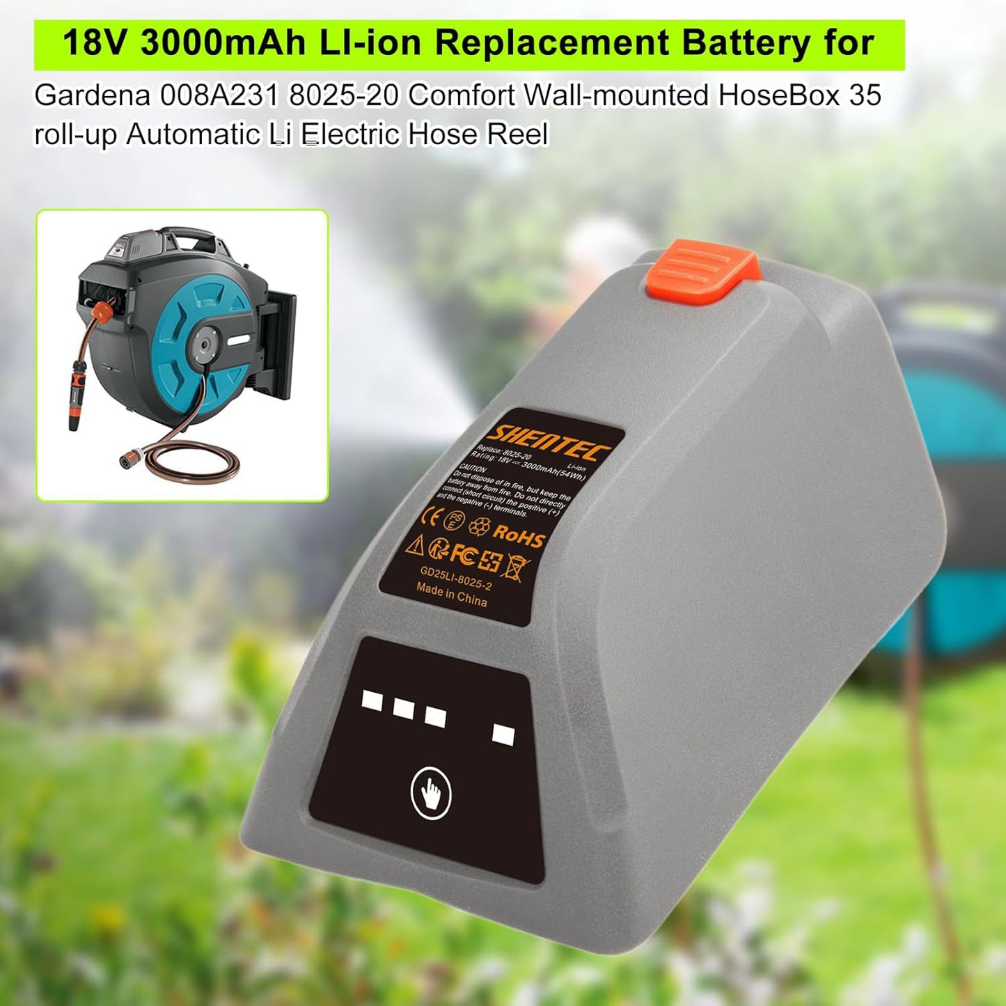 SHENTEC Batteria di ricambio 18V per Gardena 008A231 8025-20 Comfort, cassetta avvolgitubo a parete 35 Roll-Up automatica LI 8025