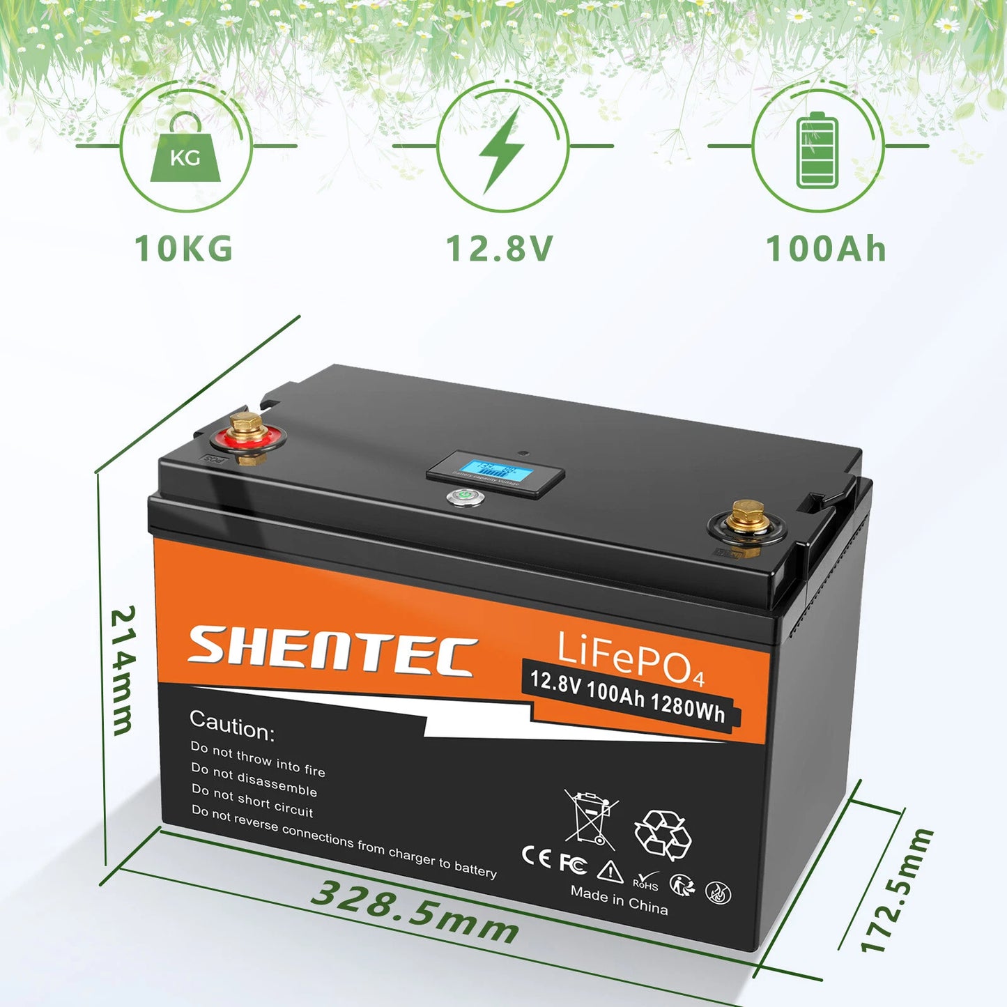 SHENTEC 12 V 100 Ah Batteria LiFePO4 con Display LED BMS integrato 100 A per alimentazione di backup