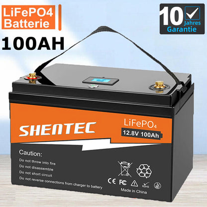SHENTEC 12 V 100 Ah Batteria LiFePO4 con Display LED BMS integrato 100 A per alimentazione di backup