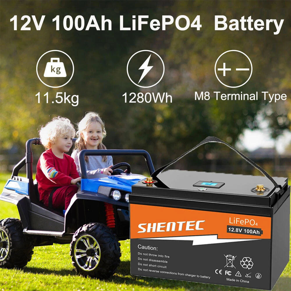 SHENTEC 12 V 100 Ah Batteria LiFePO4 con Display LED BMS integrato 100 A per alimentazione di backup