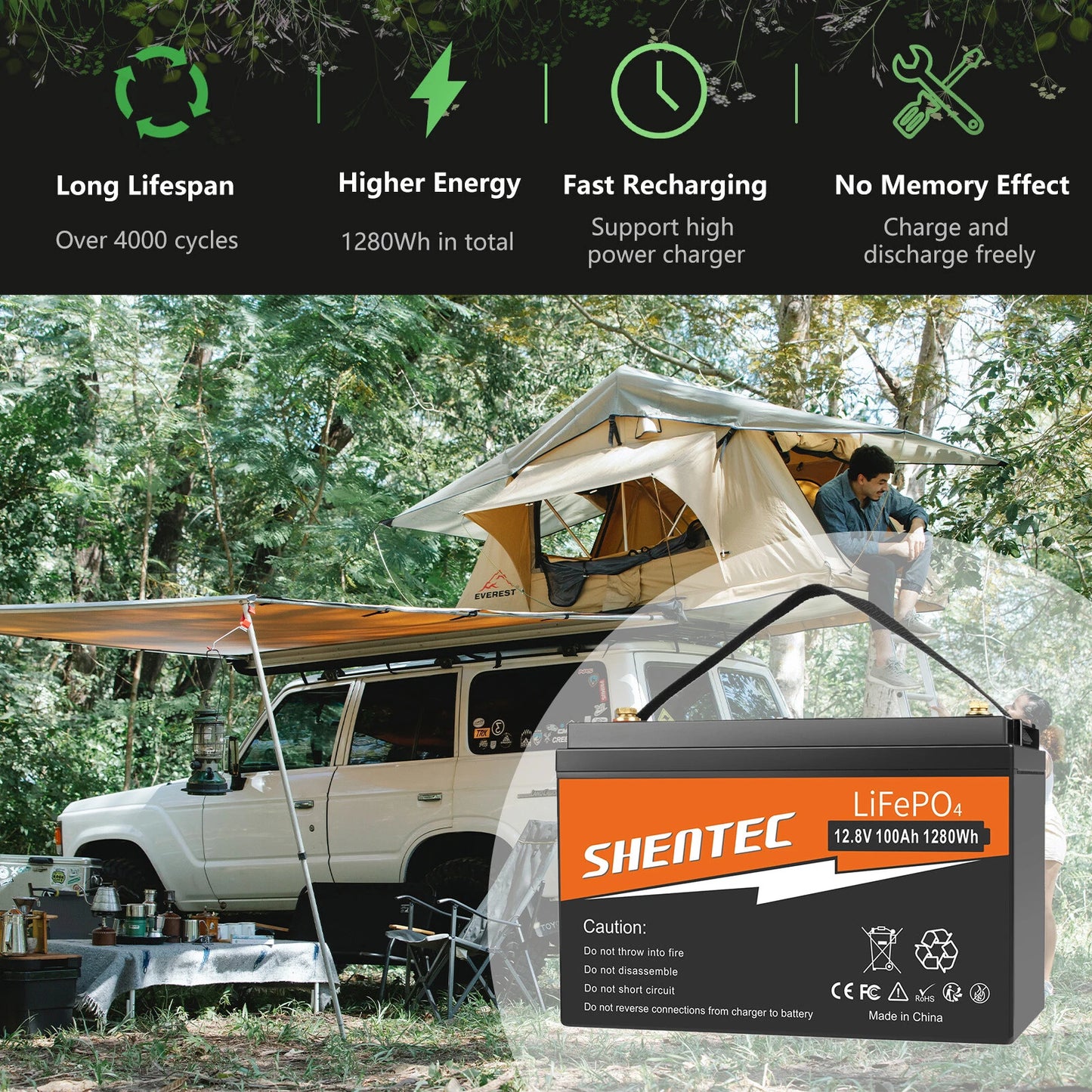 SHENTEC 12 V 100 Ah Batteria LiFePO4 con Display LED BMS integrato 100 A per alimentazione di backup