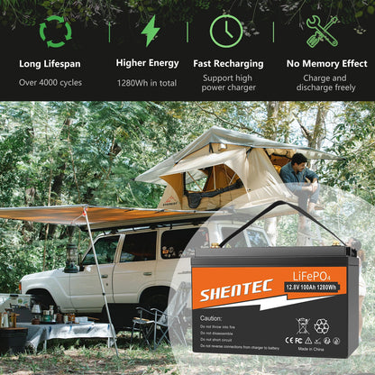 SHENTEC 12 V 100 Ah Batteria LiFePO4 con Display LED BMS integrato 100 A per alimentazione di backup