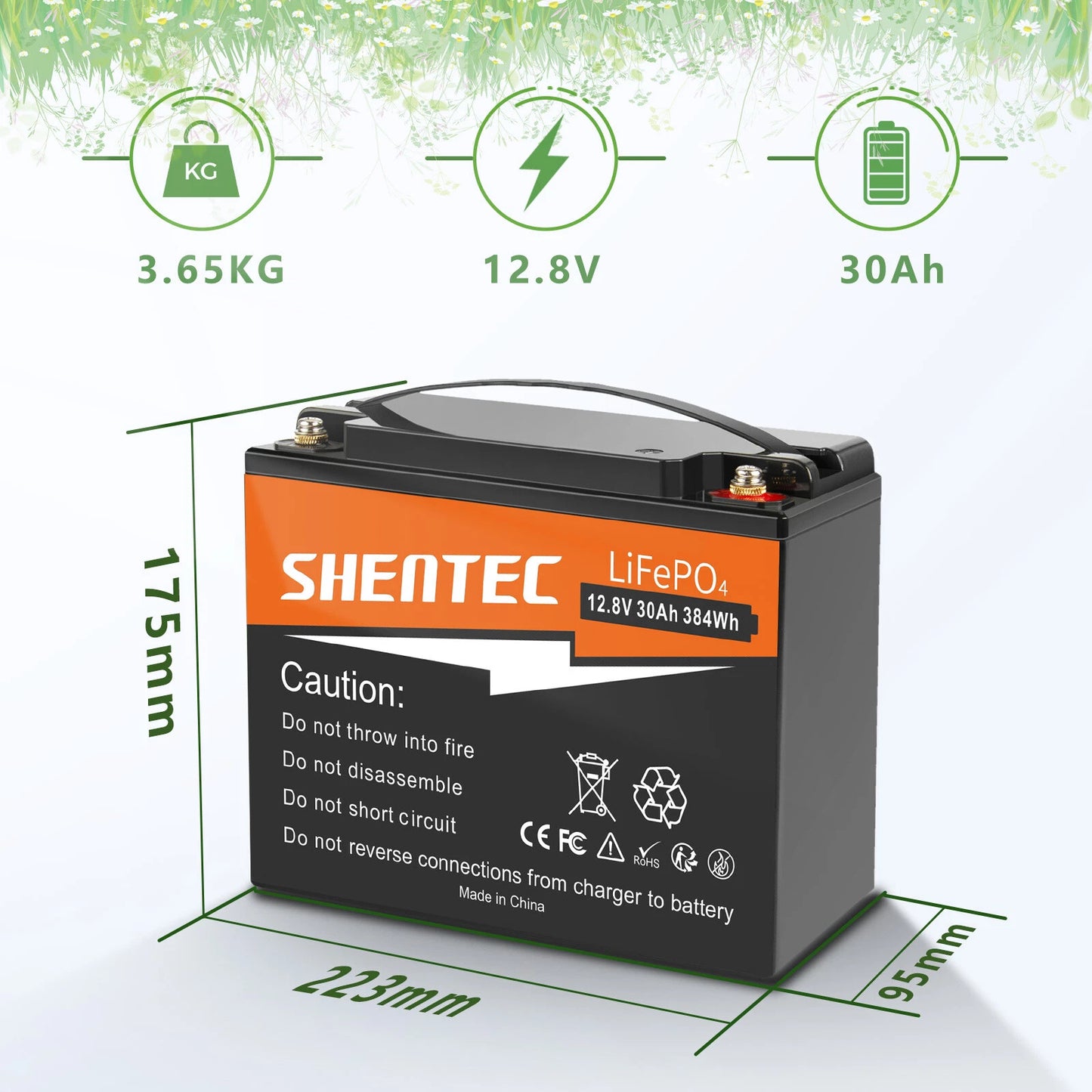 SHENTEC Batteria LiFePO4 al Litio 12.8V 30AH per Casa, RV, Barca, Alimentazione di Emergenza