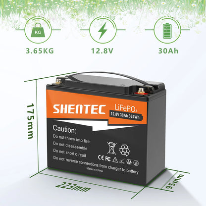 SHENTEC Batteria LiFePO4 al Litio 12.8V 30AH per Casa, RV, Barca, Alimentazione di Emergenza