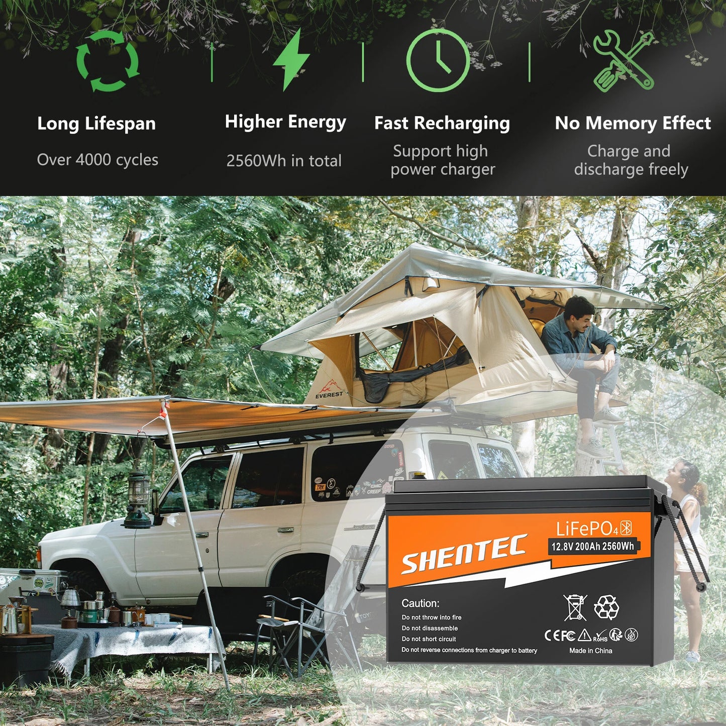 SHENTEC 12V 200Ah Batteria LiFePO4 al Litio per Barca e Camper 6000+ Cicli