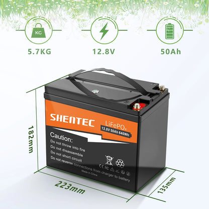 SHENTEC 12.8V 50Ah Batteria LiFePO4 Al Litio Per Pannelli Solari, Camper, Barca, Caravan, Campeggio
