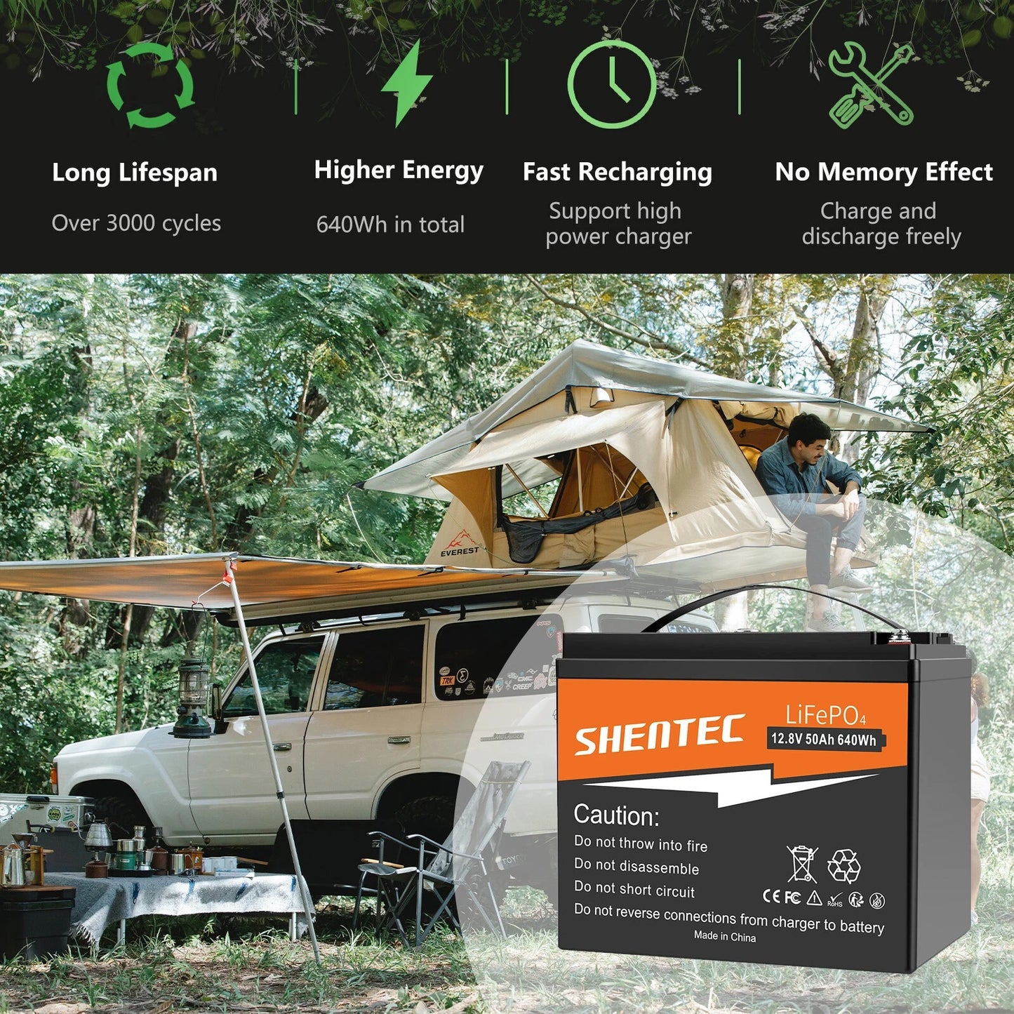 SHENTEC 12.8V 50Ah Batteria LiFePO4 Al Litio Per Pannelli Solari, Camper, Barca, Caravan, Campeggio