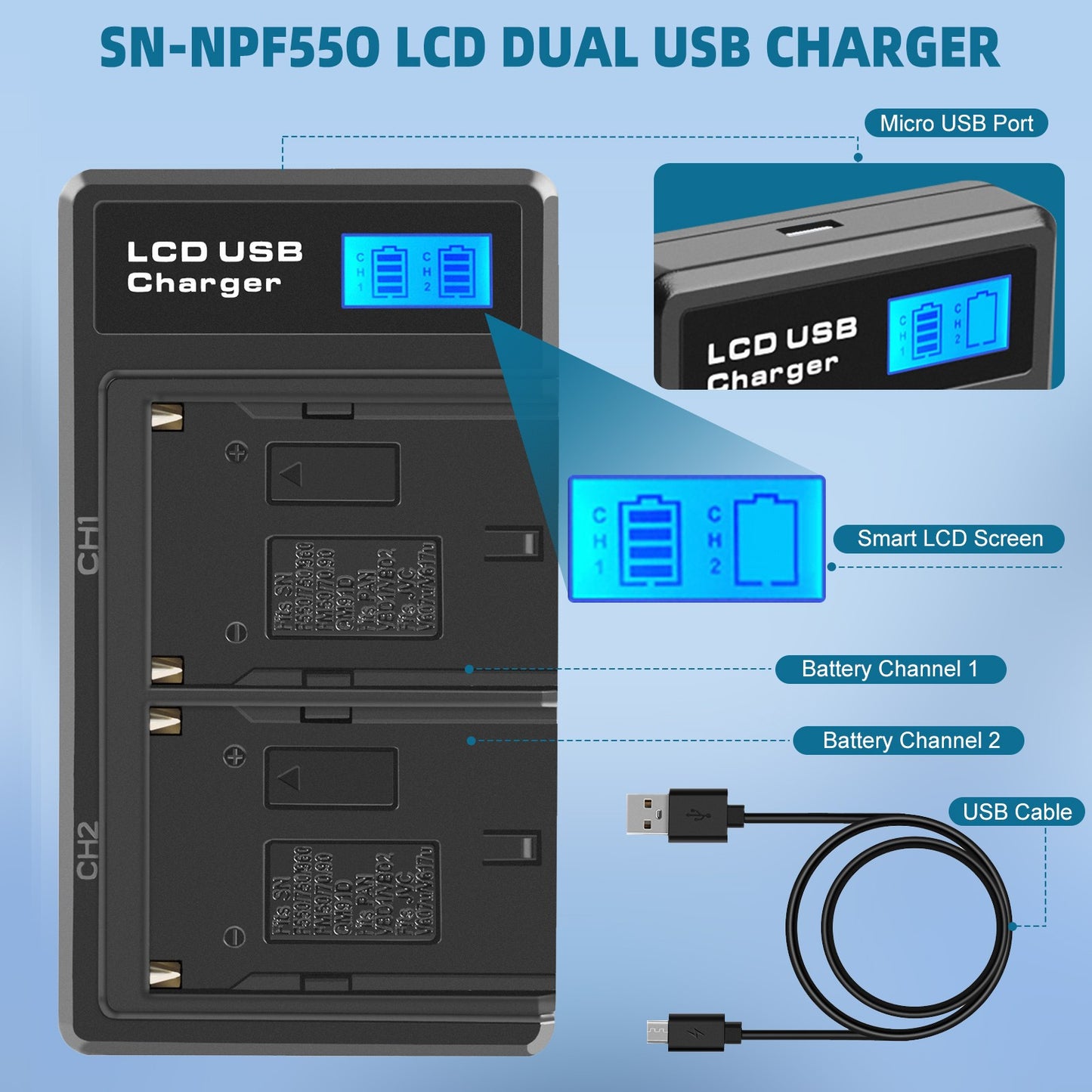 2Pack 7.2V Batteria NP-F550 + Doppio Caricatore per SONY NP-F970 NP-F960 F990 F950 F530 F330