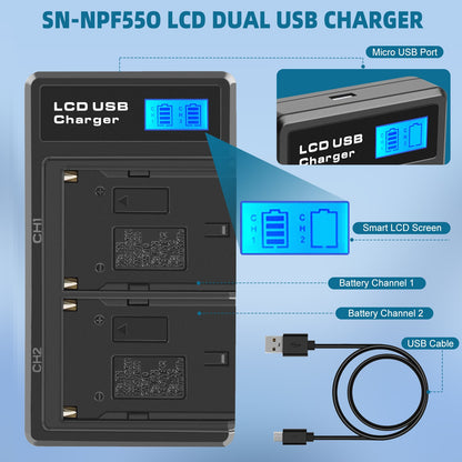 2Pack 7.2V Batteria NP-F550 + Doppio Caricatore per SONY NP-F970 NP-F960 F990 F950 F530 F330