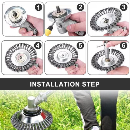 Testina trimmer per erba e diserbo in filo d'acciaio da 6" 8" 10" con ruota rotante, spazzola e kit adattatore