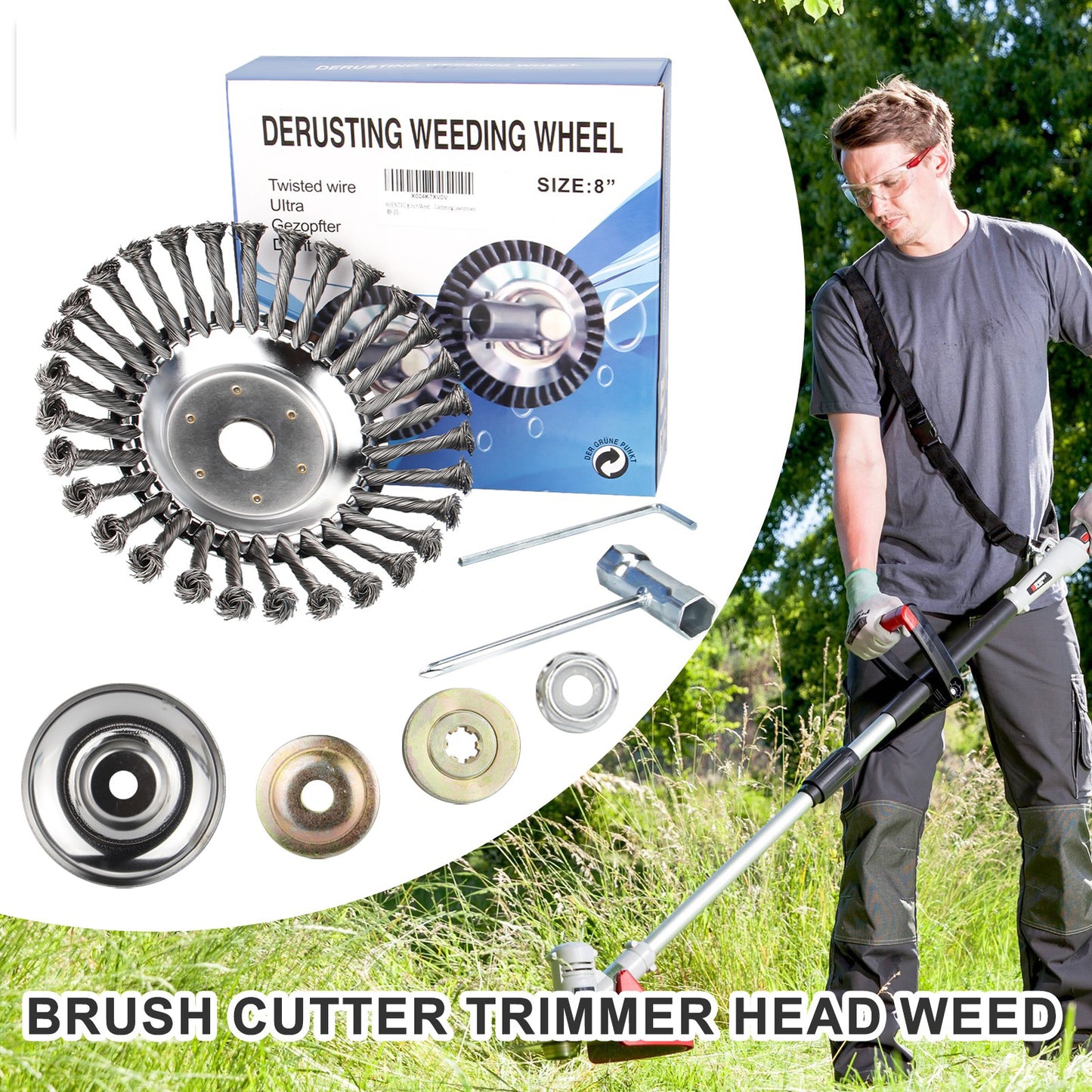 Testina trimmer per erba e diserbo in filo d'acciaio da 6" 8" 10" con ruota rotante, spazzola e kit adattatore