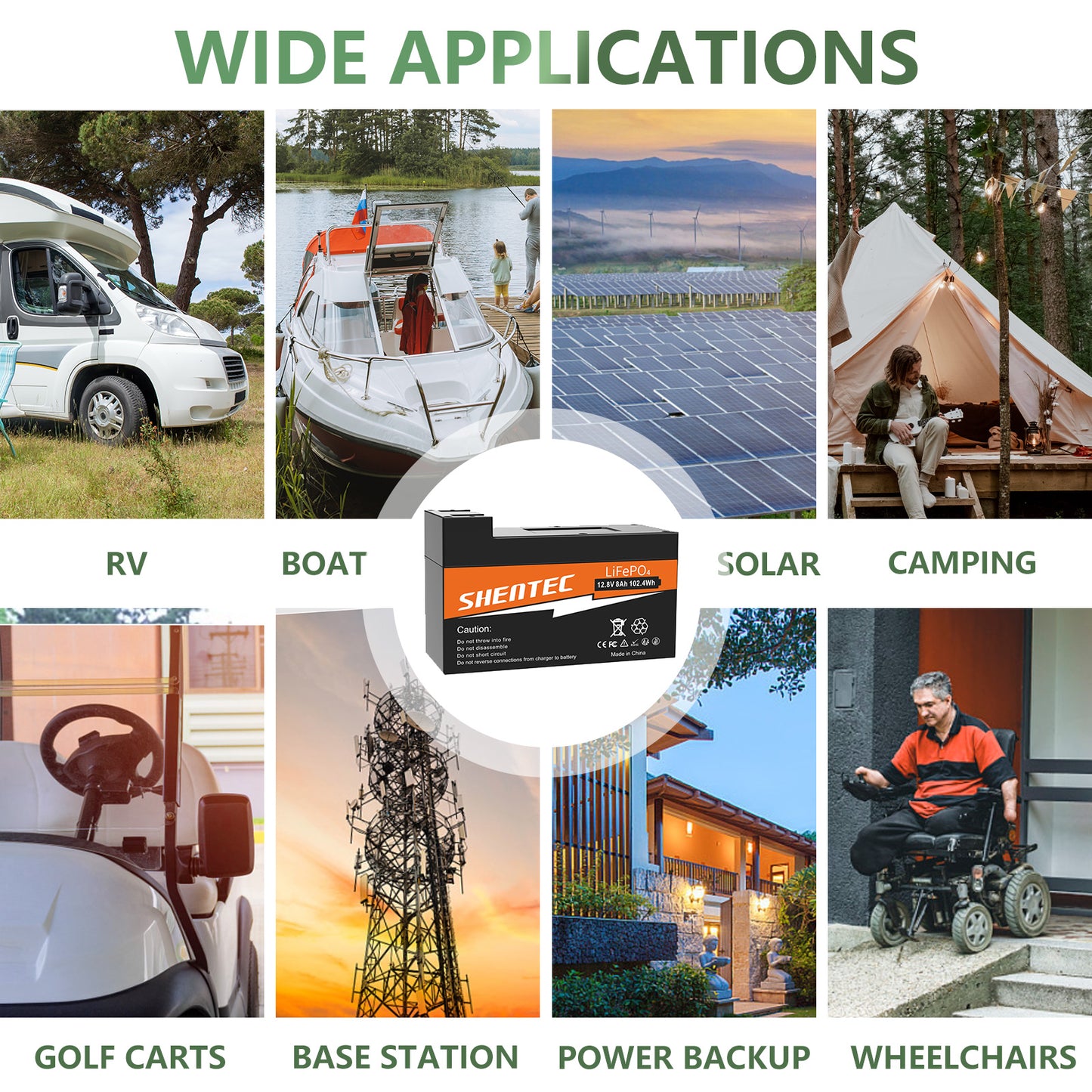 SHENTEC Batteria LiFePO4 8Ah 12,8V con BMS per barca, camper, impianti solari, caravan, camper e golf off-grid