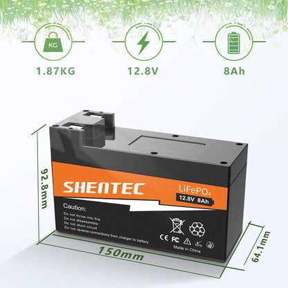 SHENTEC Batteria LiFePO4 8Ah 12,8V con BMS per barca, camper, impianti solari, caravan, camper e golf off-grid