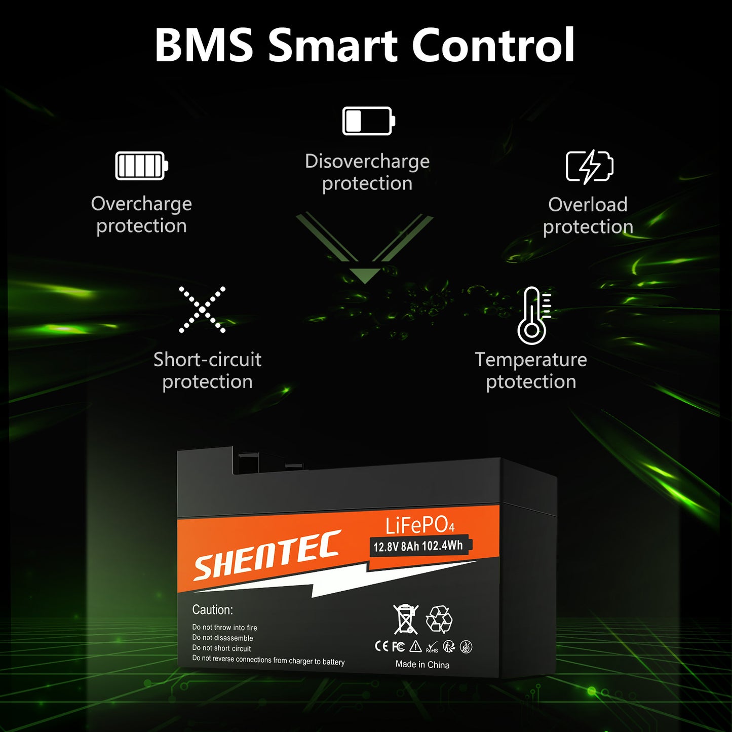 SHENTEC Batteria LiFePO4 8Ah 12,8V con BMS per barca, camper, impianti solari, caravan, camper e golf off-grid