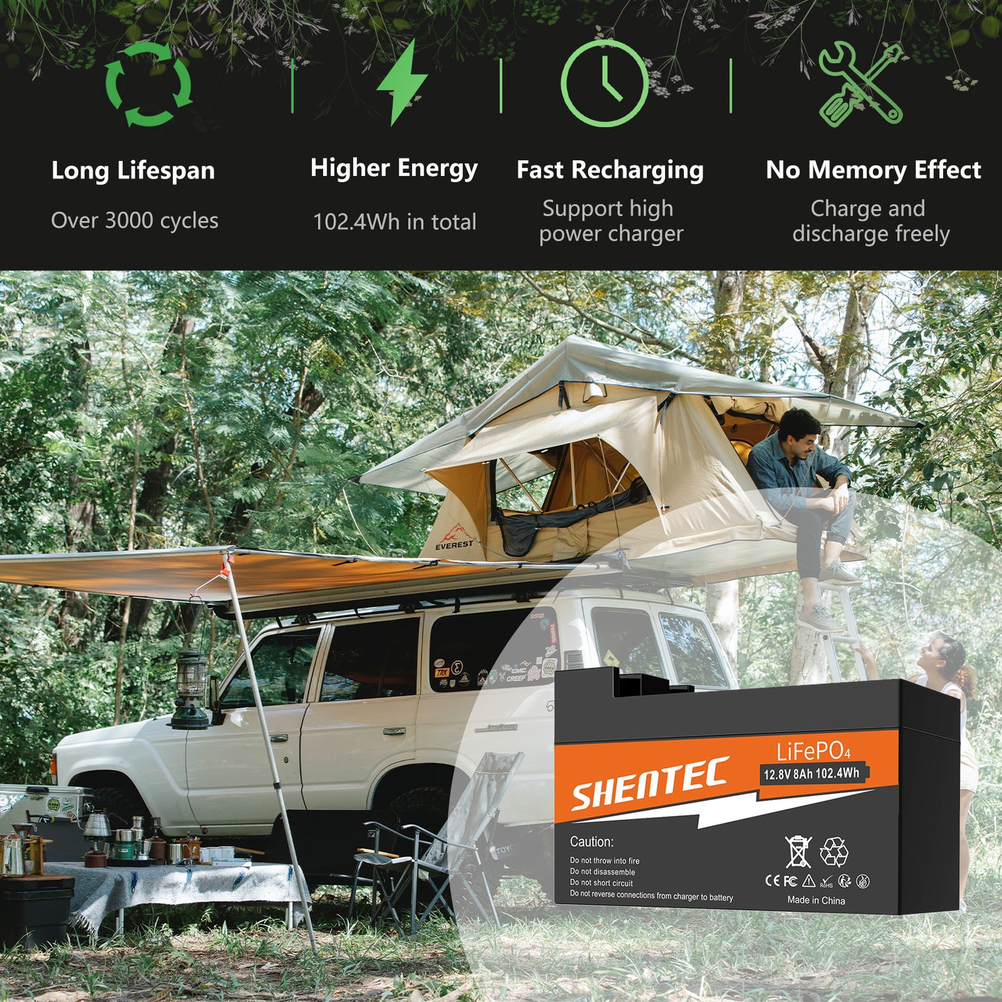 SHENTEC Batteria LiFePO4 8Ah 12,8V con BMS per barca, camper, impianti solari, caravan, camper e golf off-grid