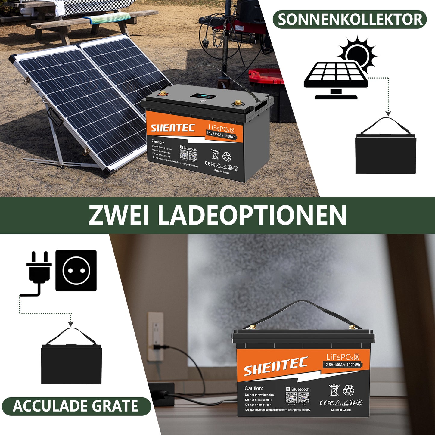 SHENTEC Batteria LiFePO4 12/24V 100/150/200/300Ah con BMS per impianti solari, barche, veicoli off-grid e RV