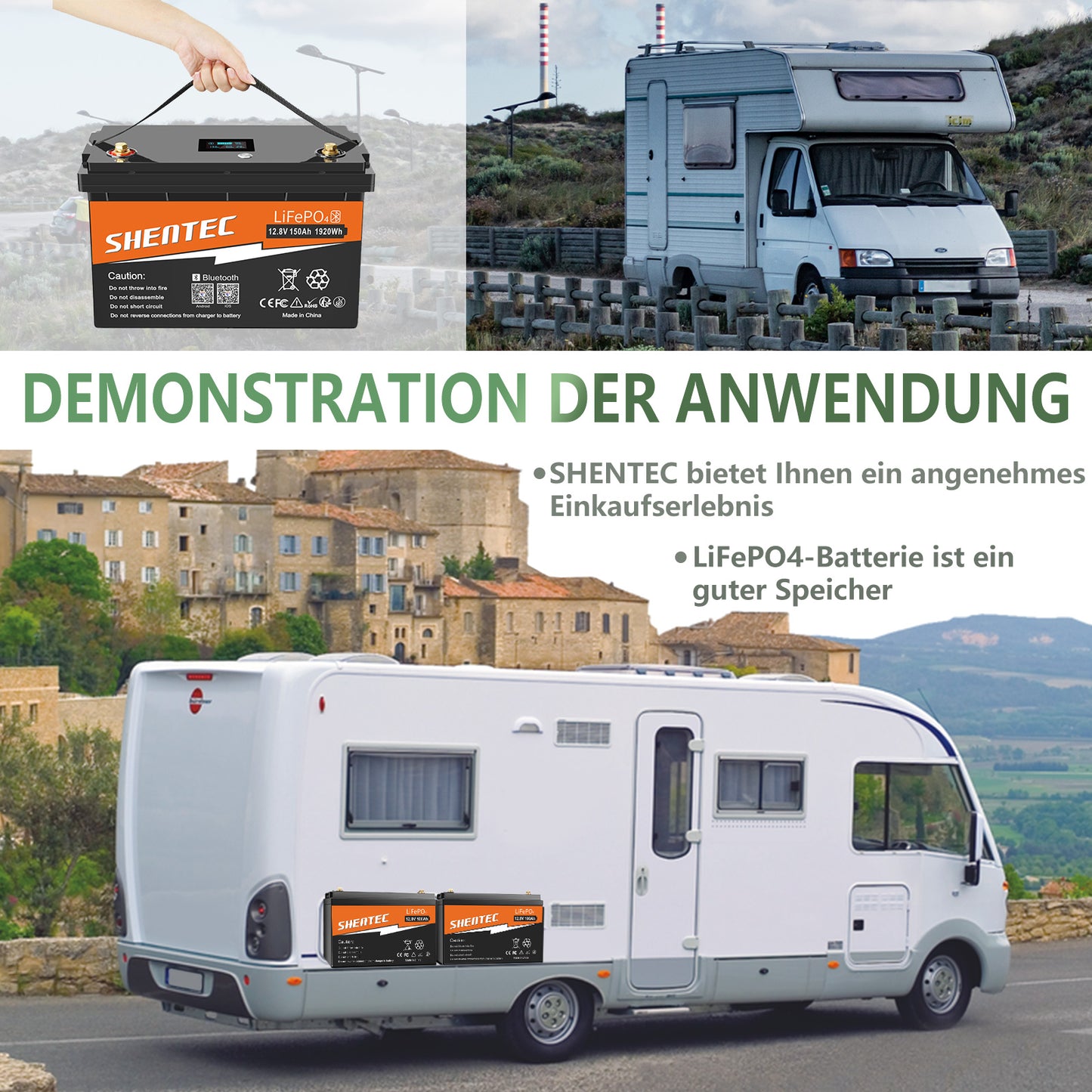 SHENTEC Batteria LiFePO4 12/24V 100/150/200/300Ah con BMS per impianti solari, barche, veicoli off-grid e RV