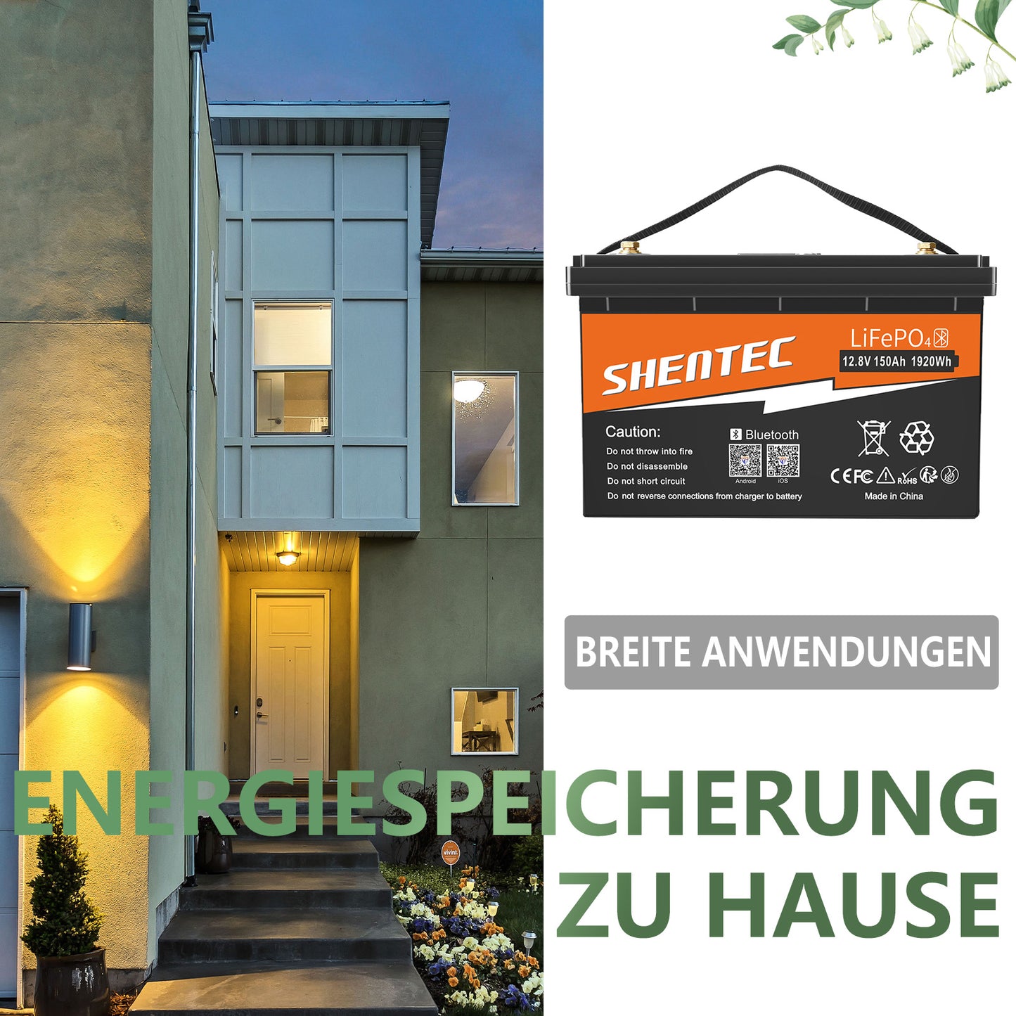 SHENTEC Batteria LiFePO4 12/24V 100/150/200/300Ah con BMS per impianti solari, barche, veicoli off-grid e RV