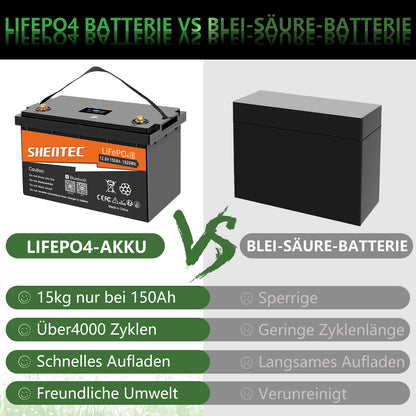 SHENTEC Batteria LiFePO4 12/24V 100/150/200/300Ah con BMS per impianti solari, barche, veicoli off-grid e RV