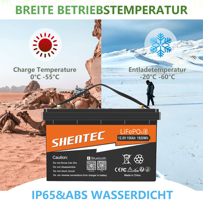 SHENTEC Batteria LiFePO4 12/24V 100/150/200/300Ah con BMS per impianti solari, barche, veicoli off-grid e RV