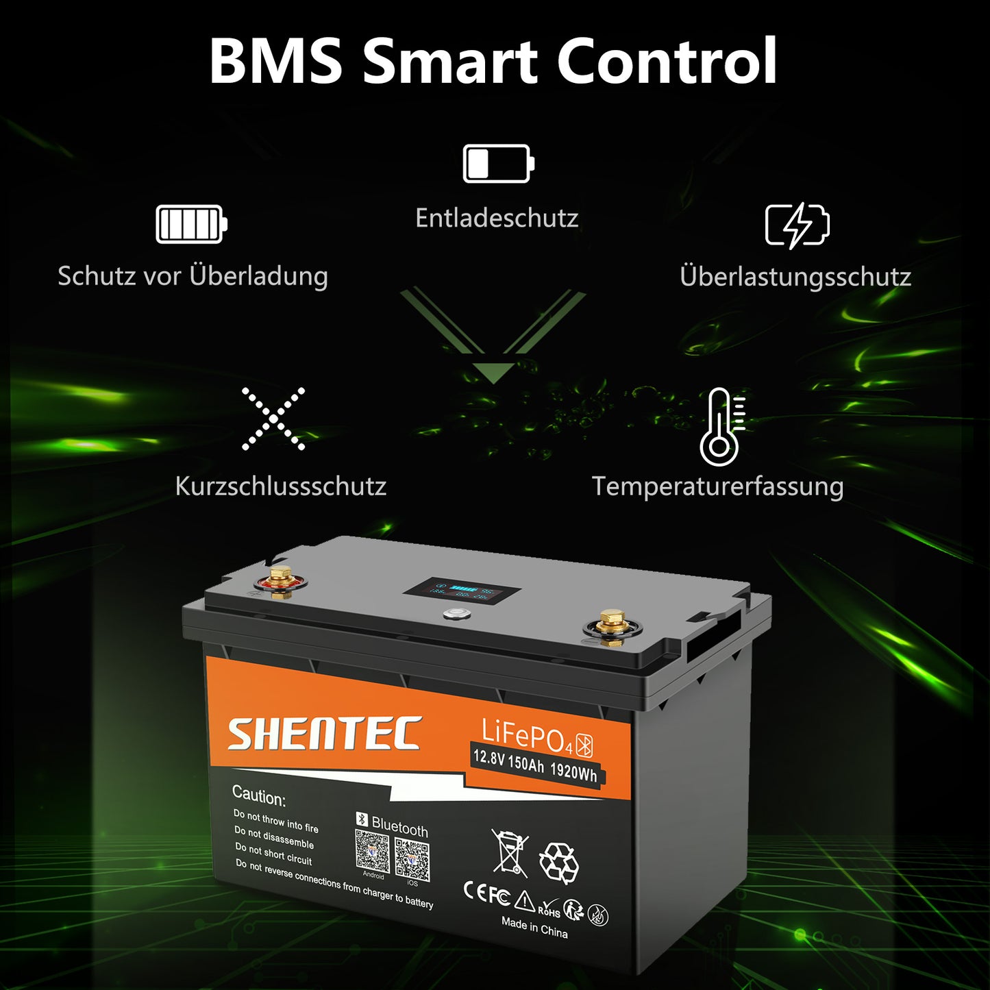 SHENTEC Batteria LiFePO4 12/24V 100/150/200/300Ah con BMS per impianti solari, barche, veicoli off-grid e RV