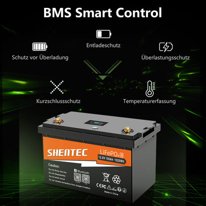 SHENTEC Batteria LiFePO4 12/24V 100/150/200/300Ah con BMS per impianti solari, barche, veicoli off-grid e RV