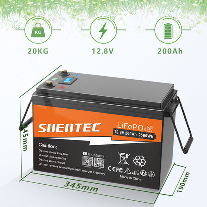 SHENTEC Batteria LiFePO4 12/24V 100/150/200/300Ah con BMS per impianti solari, barche, veicoli off-grid e RV