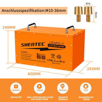 SHENTEC Batteria LiFePO4 12/24V 100/150/200/300Ah con BMS per impianti solari, barche, veicoli off-grid e RV