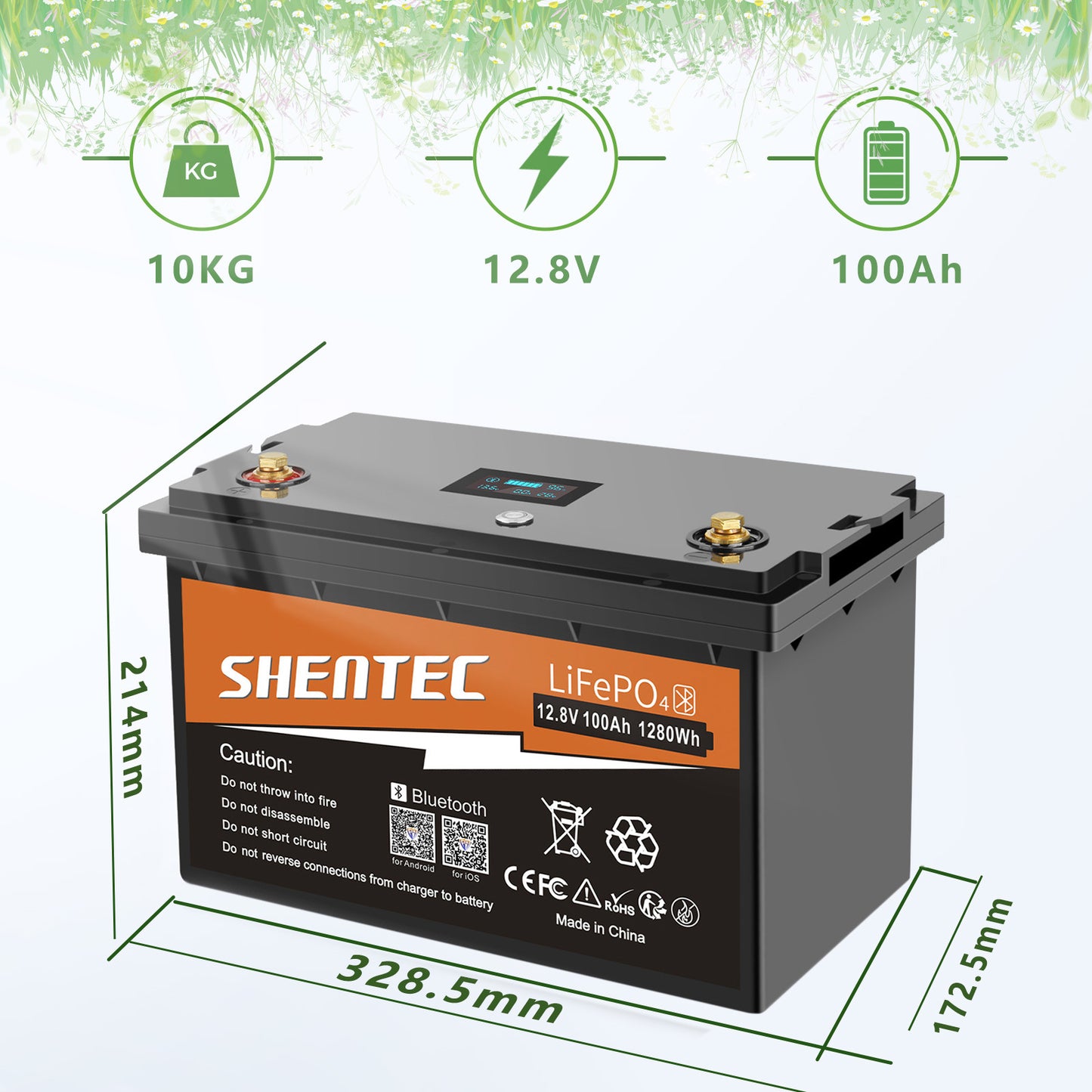 SHENTEC Batteria LiFePO4 12/24V 100/150/200/300Ah con BMS per impianti solari, barche, veicoli off-grid e RV
