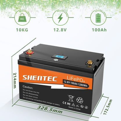 SHENTEC Batteria LiFePO4 12/24V 100/150/200/300Ah con BMS per impianti solari, barche, veicoli off-grid e RV