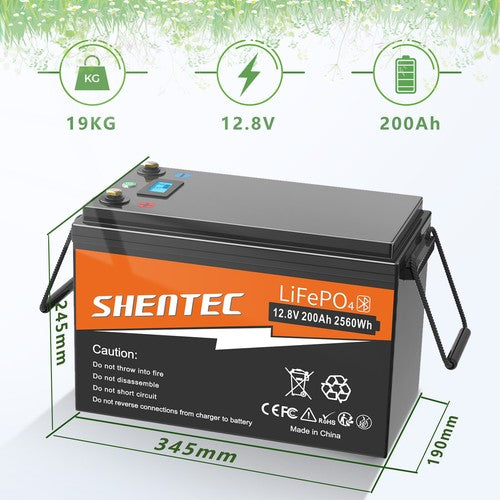 SHENTEC Batteria LiFePO4 12/24V 100/150/200/300Ah con BMS per impianti solari, barche, veicoli off-grid e RV