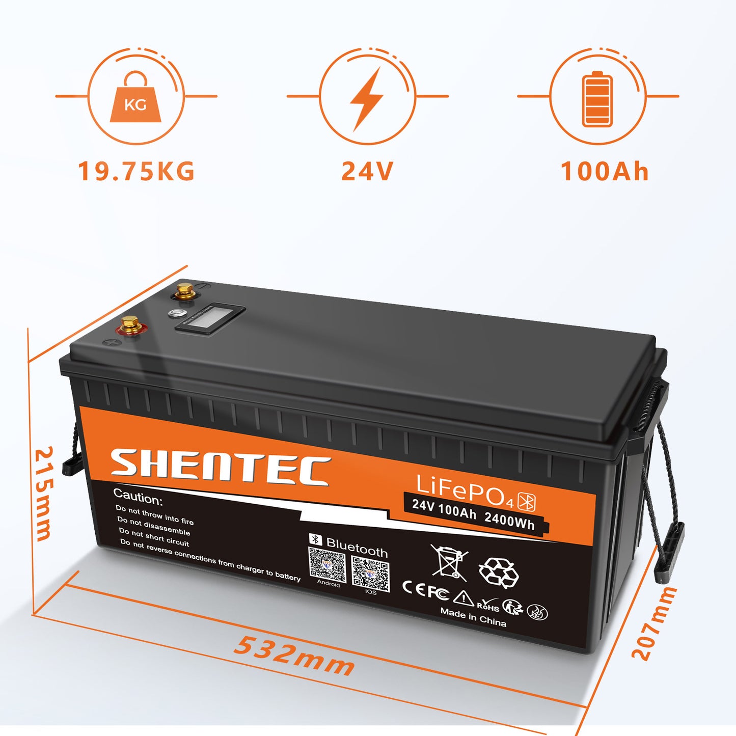 SHENTEC Batteria LiFePO4 12/24V 100/150/200/300Ah con BMS per impianti solari, barche, veicoli off-grid e RV