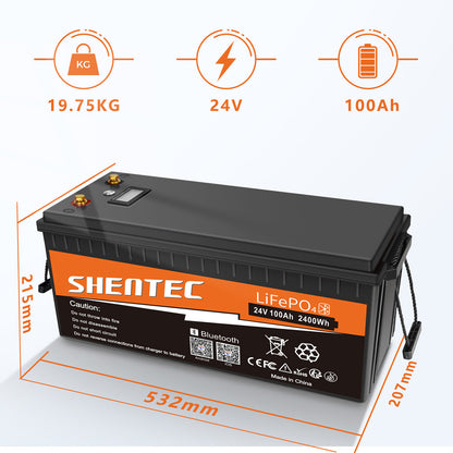 SHENTEC Batteria LiFePO4 12/24V 100/150/200/300Ah con BMS per impianti solari, barche, veicoli off-grid e RV