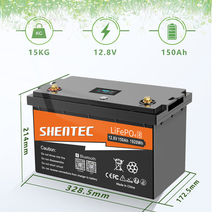 SHENTEC Batteria LiFePO4 12/24V 100/150/200/300Ah con BMS per impianti solari, barche, veicoli off-grid e RV
